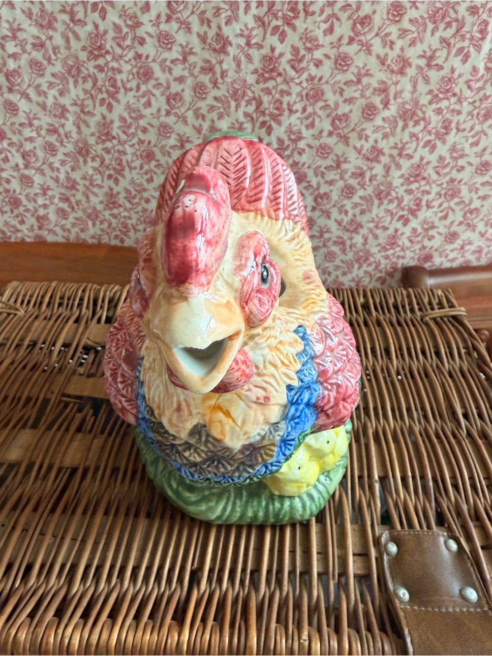 Colorful Ceramic Hen Pitcher - Yellow, Green, Pink, Blue - Picture 3 of 7